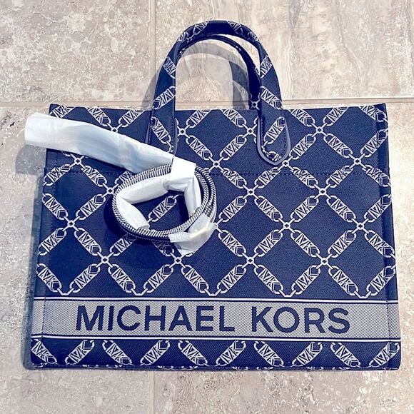 Michael Kors Gigi Large Grab Monogram Denim Tote Bag, Navy, NWT - Picture 3 of 15